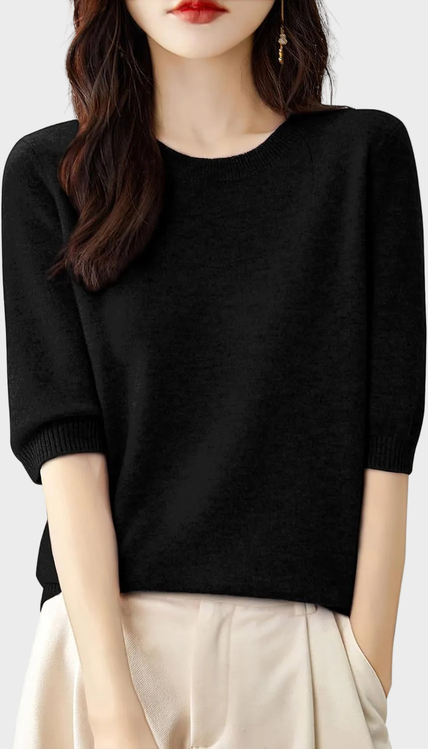 Eureka | 100% Μαλλί Μερινός Μπλούζα Crewneck Μισό Μανίκι