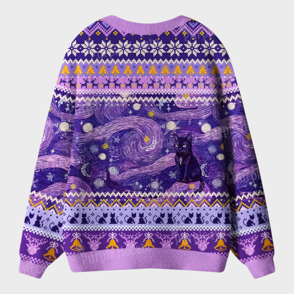 Zenovia | Purplehecate Mystic Cat Beneath the Cosmic Veil Άσχημα πουλόβερ με κουκούλα