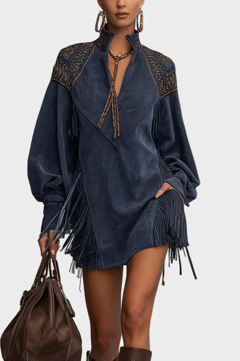 Denzel | Indigo Μίνι Φόρεμα από Faux Suede με Κέντημα και Φούντες