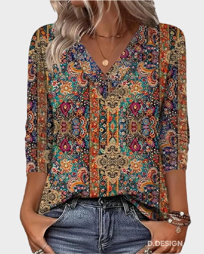 Tabbs | Ρετρό Εμπριμέ Μπλούζα με V Λαιμόκοψη (Retro Printed Blouse V-Neck)