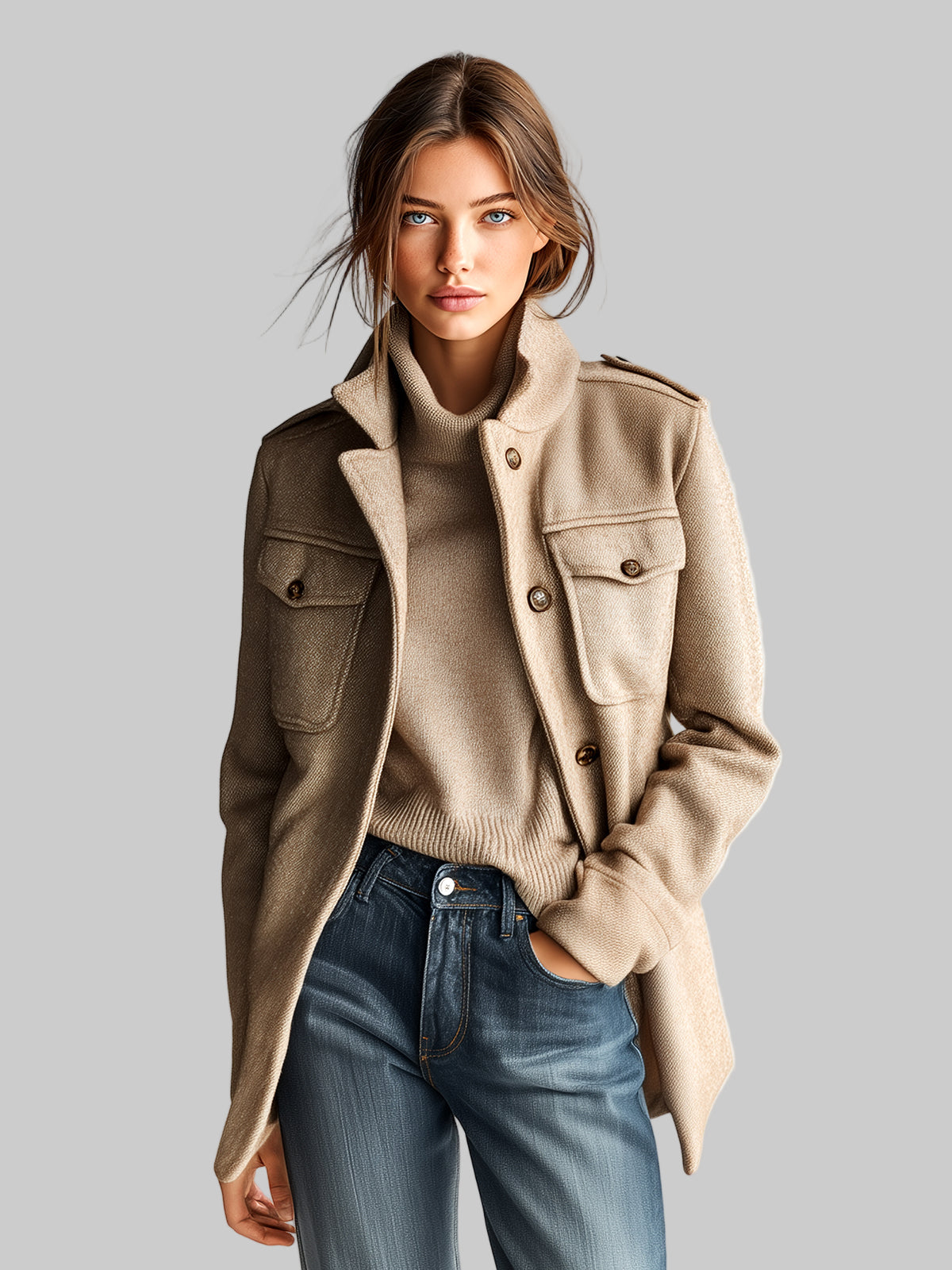 Artemis | Eleven Ora Vintage Casual Καμηλό Μαλλί Μείγμα Σακάκι με Στάντ Κολάρο και Πολλαπλές Τσέπες