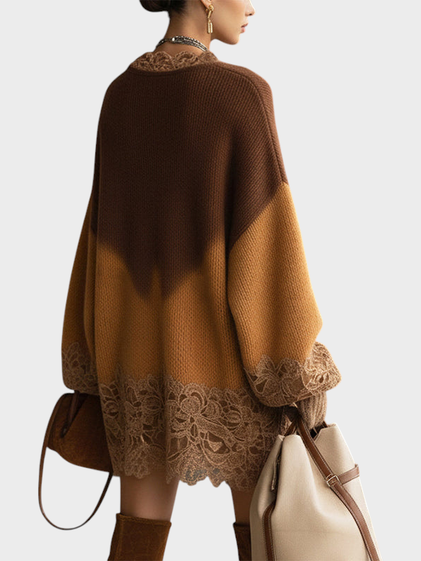 Mille | Καφέ Ombre Πλεκτό Δαντελένιο Oversized Φόρεμα Μίνι Με Μακριά Μανίκια