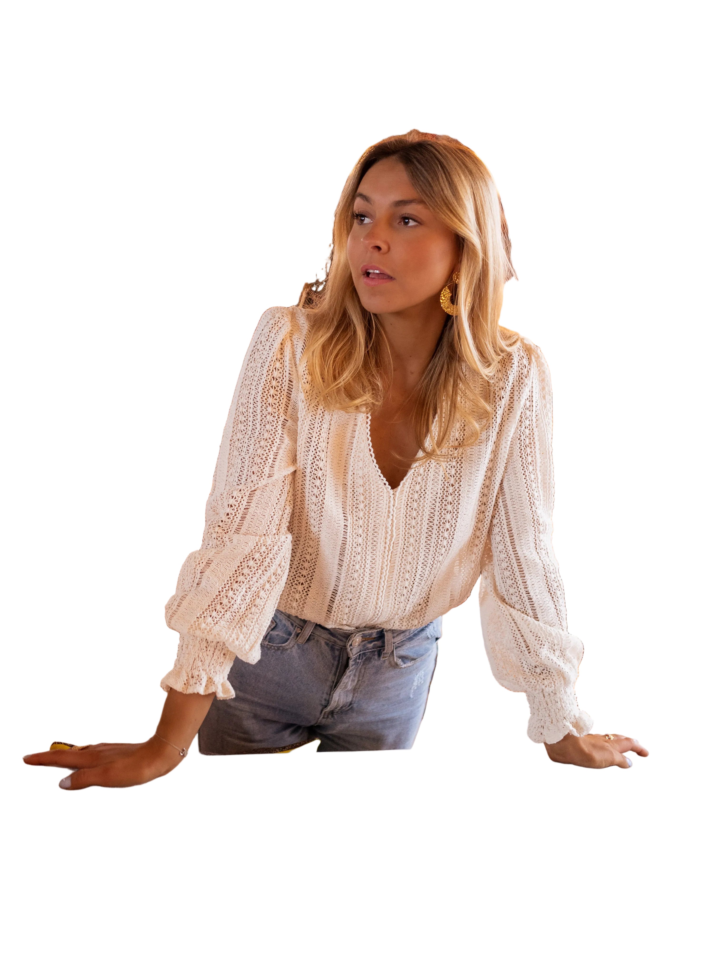 Angela | Εκρού Πλεκτή Μπλούζα Arlyne με Βελονάκι (Ecru Crochet Arlyne Blouse)