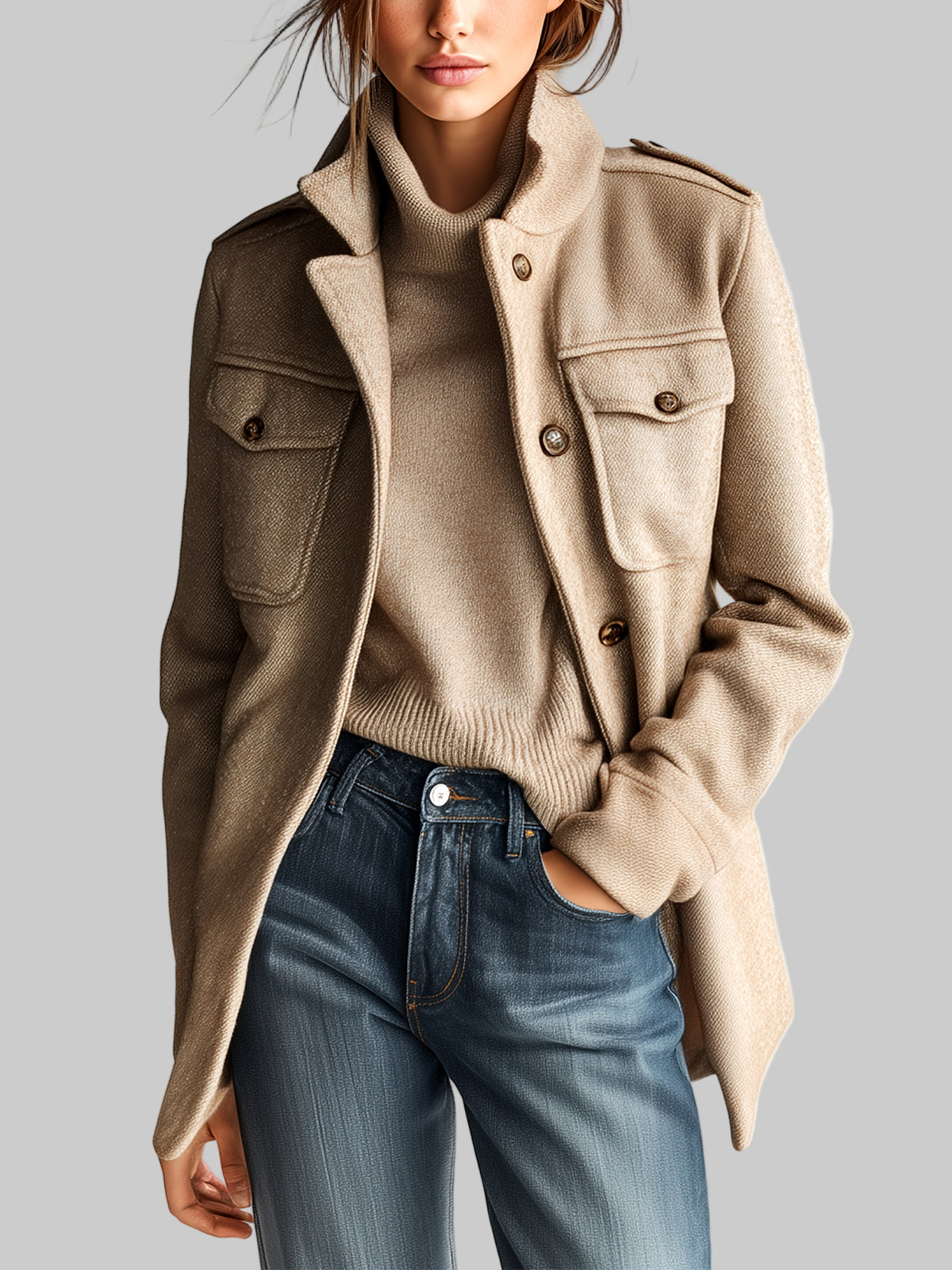 Artemis | Eleven Ora Vintage Casual Καμηλό Μαλλί Μείγμα Σακάκι με Στάντ Κολάρο και Πολλαπλές Τσέπες