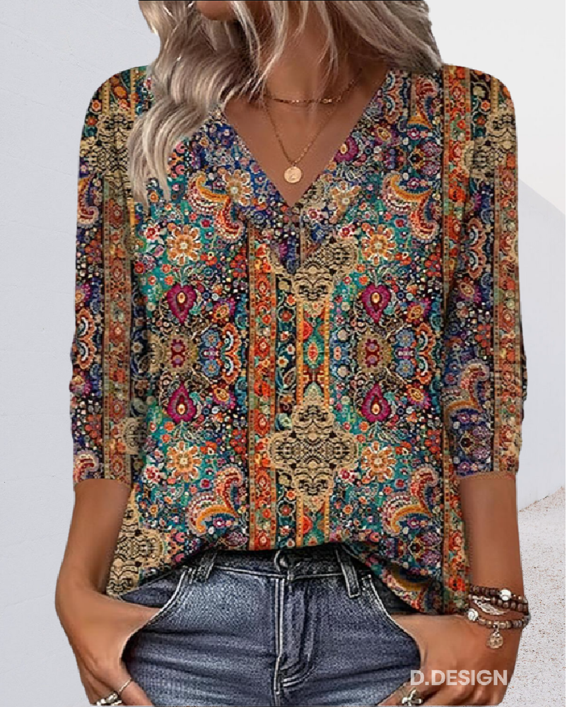 Tabbs | Ρετρό Εμπριμέ Μπλούζα με V Λαιμόκοψη (Retro Printed Blouse V-Neck)