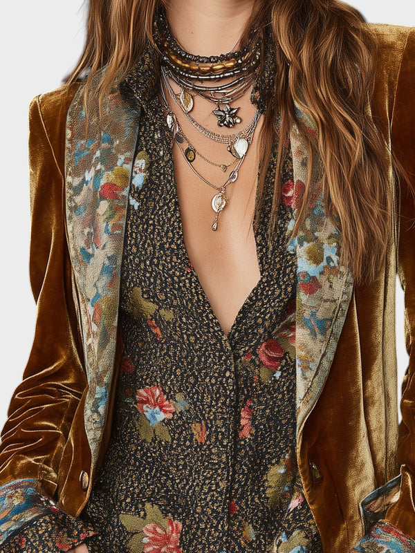 Kerstin | Vintage Λαβή Πολυεστέρας Βελούδινη Floral Εκτύπωση Πάτσαρ Μπλέιζερ