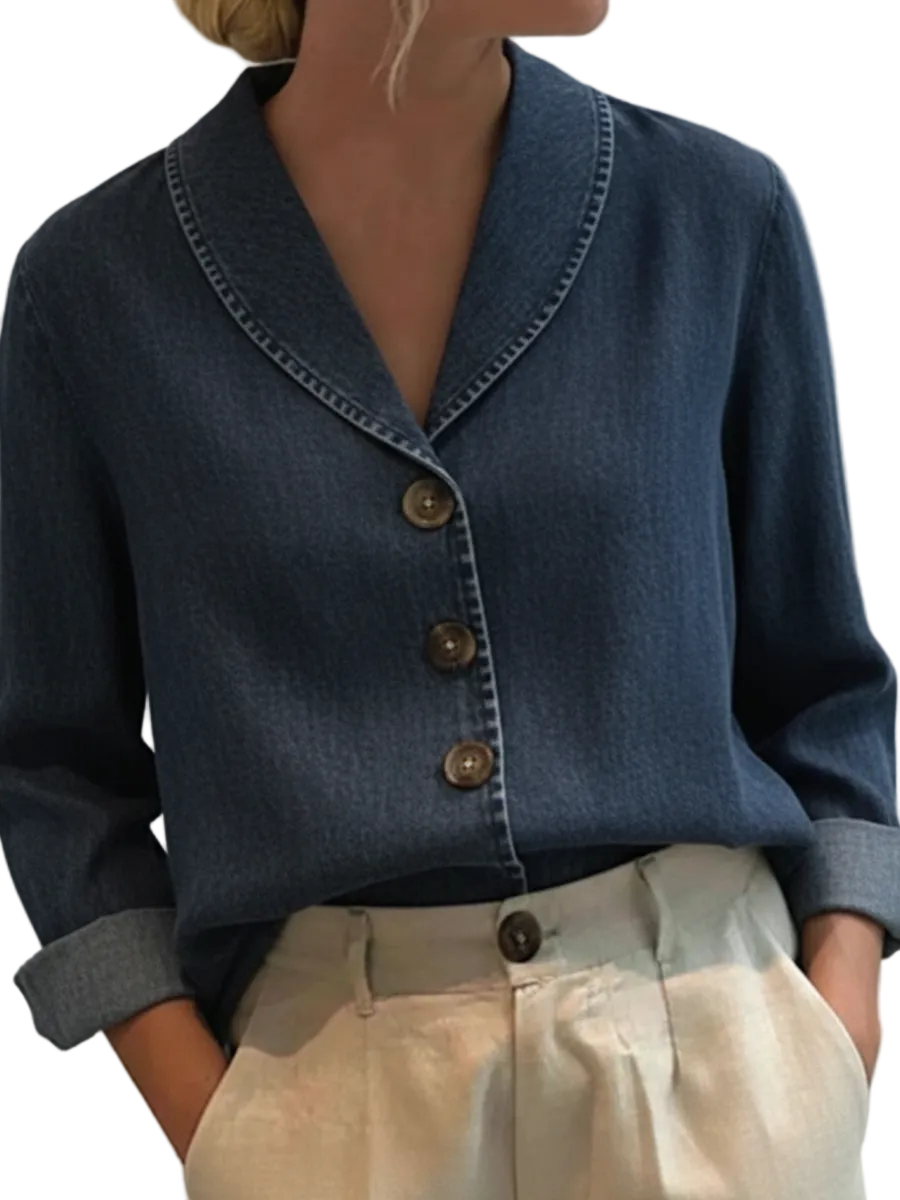 Riley - Vintage Denim Βαμβακερό Τοπ με Γιακά Σάλι και Κουμπιά (Vintage Shawl Collar Button-up Denim Cotton Top)