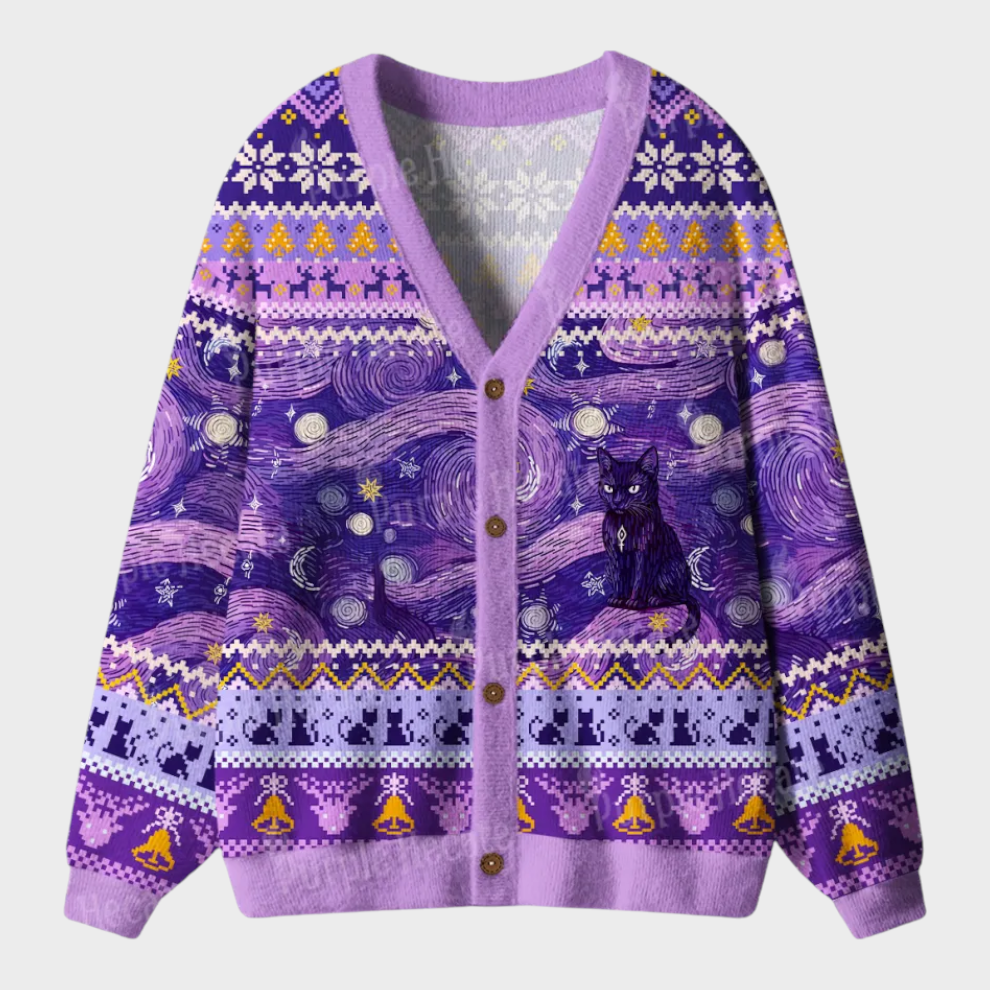 Zenovia | Purplehecate Mystic Cat Beneath the Cosmic Veil Άσχημα πουλόβερ με κουκούλα