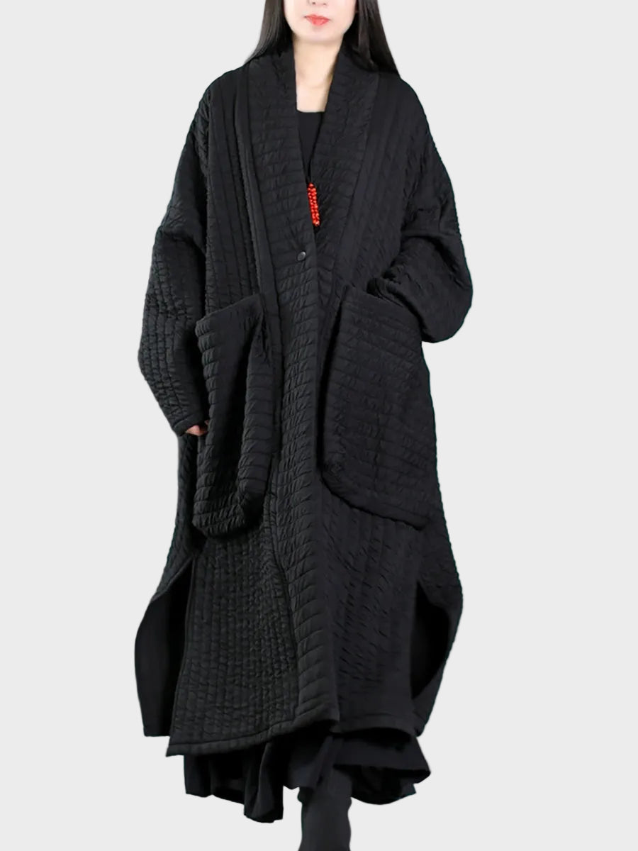 Adellefa | Μεγέθη Plus Γυναικείο Φθινόπωρο Μονόχρωμο Παλτό με V-Λαιμό και Επένδυση