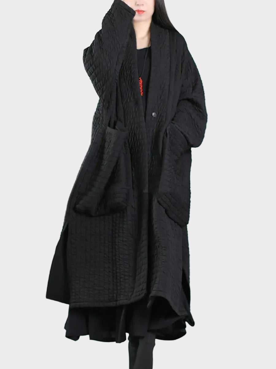 Adellefa | Μεγέθη Plus Γυναικείο Φθινόπωρο Μονόχρωμο Παλτό με V-Λαιμό και Επένδυση