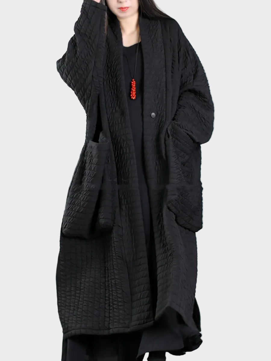 Adellefa | Μεγέθη Plus Γυναικείο Φθινόπωρο Μονόχρωμο Παλτό με V-Λαιμό και Επένδυση