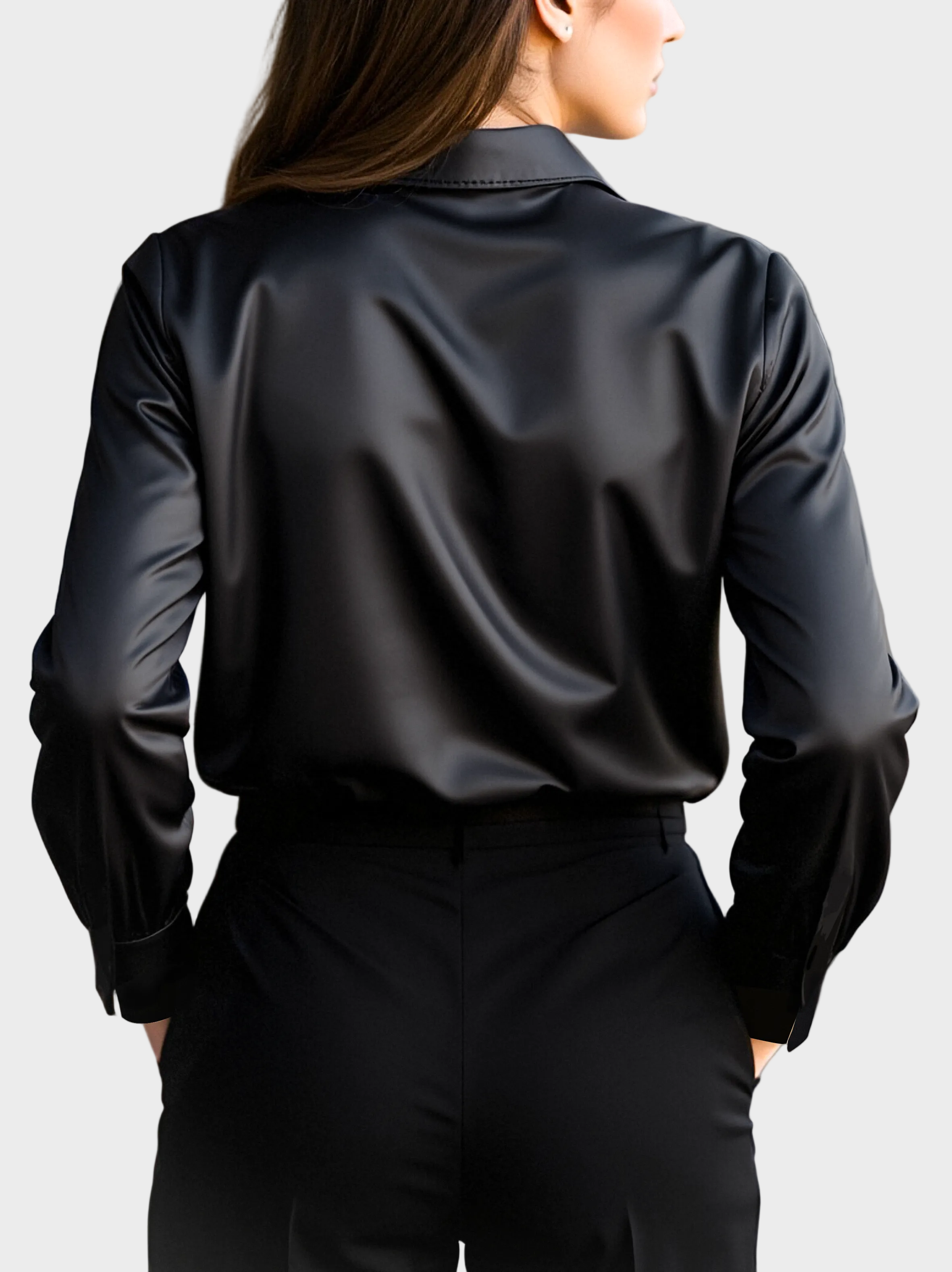 Elena - Κομψή Μαύρη Σατέν Μακρυμάνικη Μπλούζα (Elegant Black Satin Long Sleeves Blouse)