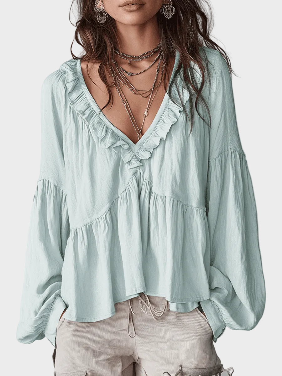 Airy Αέρινη Μποέμ Μπλούζα με Βολάν σε Vintage Στυλ