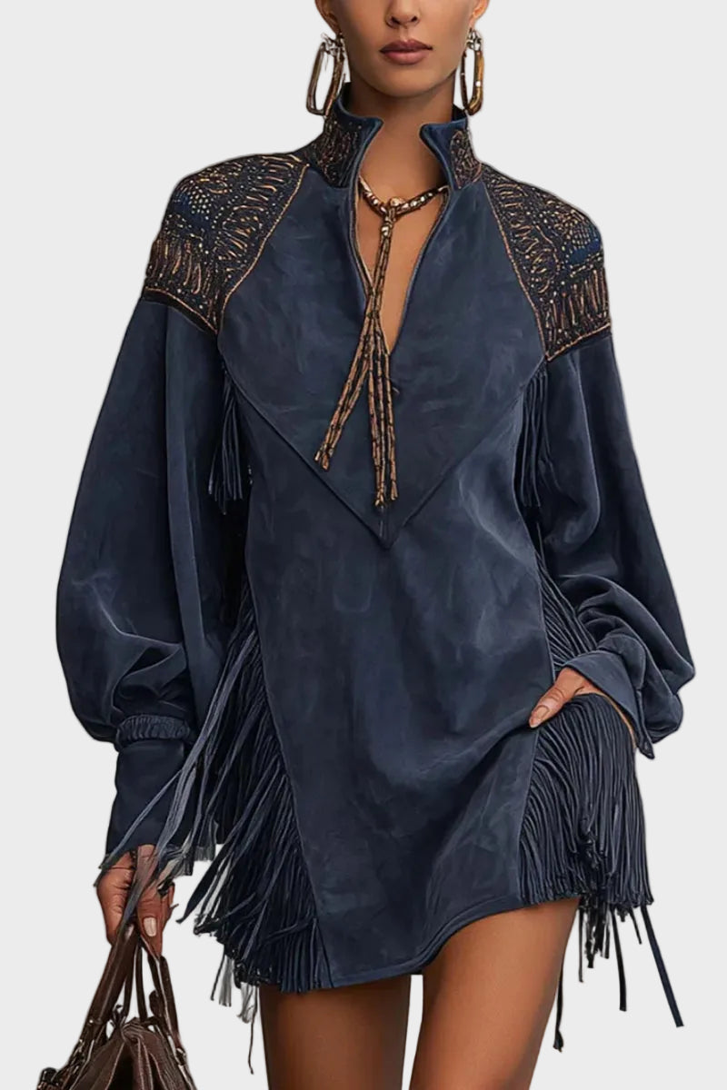 Denzel | Indigo Μίνι Φόρεμα από Faux Suede με Κέντημα και Φούντες