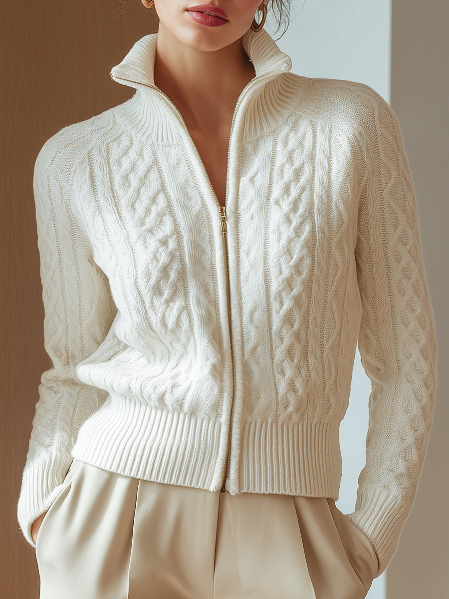Λευκή πλεκτή ζακέτα με φερμουάρ (cable-knit)