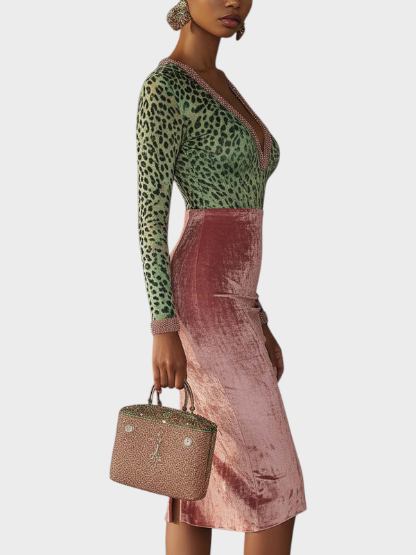 Regitze | Ροζ Βελούδινο Bodycon Φόρεμα Με Patchwork Ιμάντες Και Λεοπάρ Πατρόν