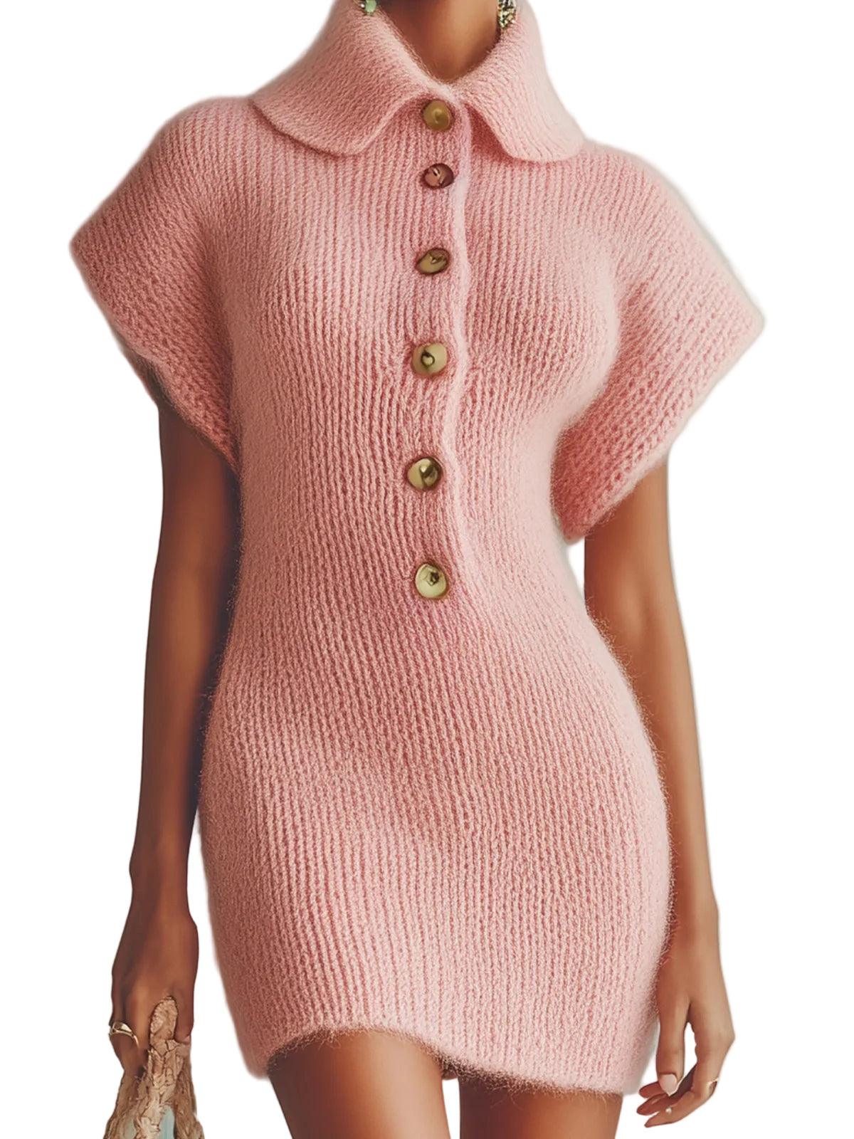 Sofie | Vintage Pink Εφαρμοστό Μίνι Πλεκτό Φόρεμα με Χνουδωτή Υφή, Γιακά, Κουμπιά και Κοντό Μανίκι (Vintage Pink Turn-Down Collar Button-Front Short-Sleeve Fitted Fuzzy Knit Mini Dress)