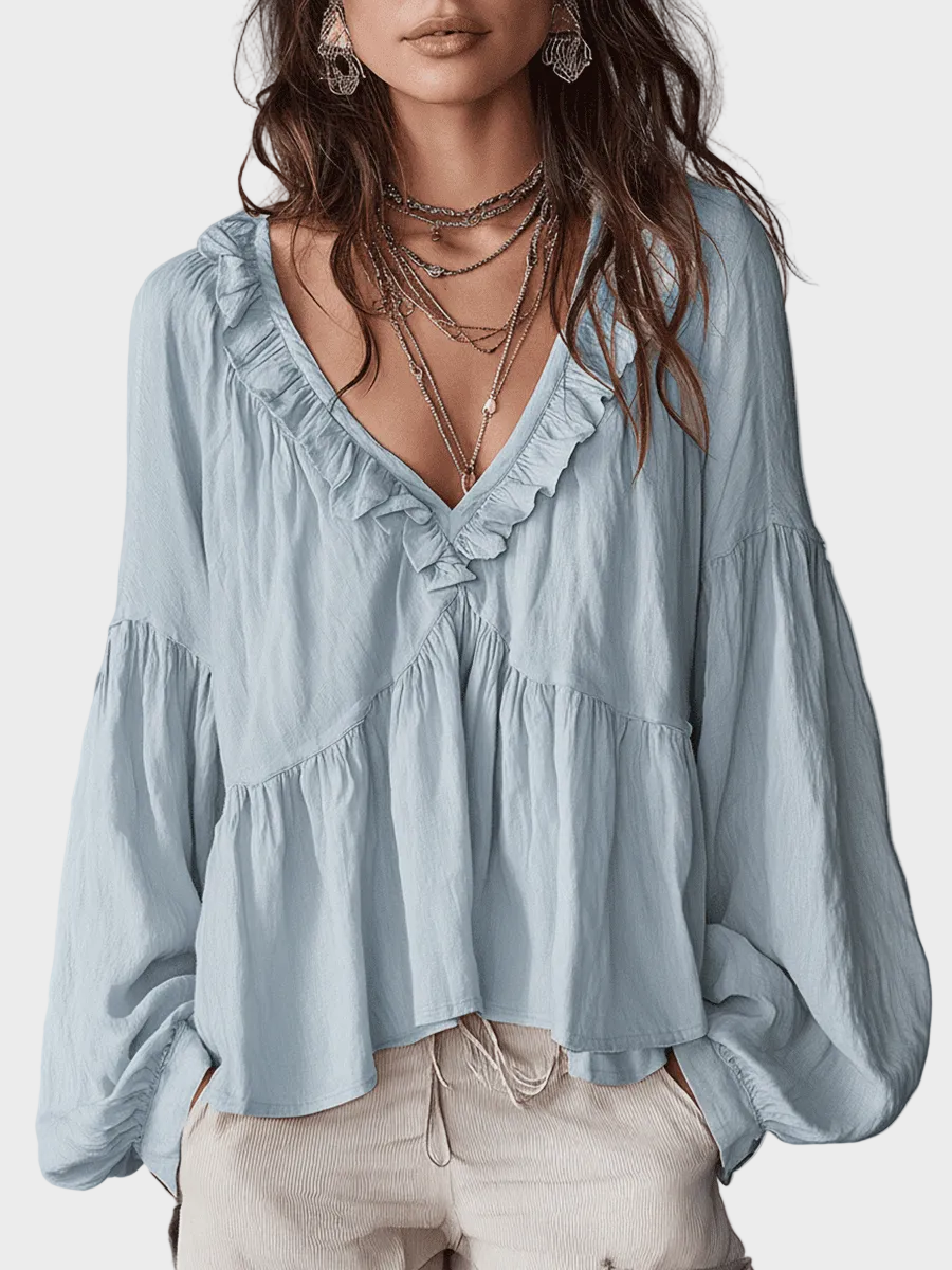 Airy Αέρινη Μποέμ Μπλούζα με Βολάν σε Vintage Στυλ
