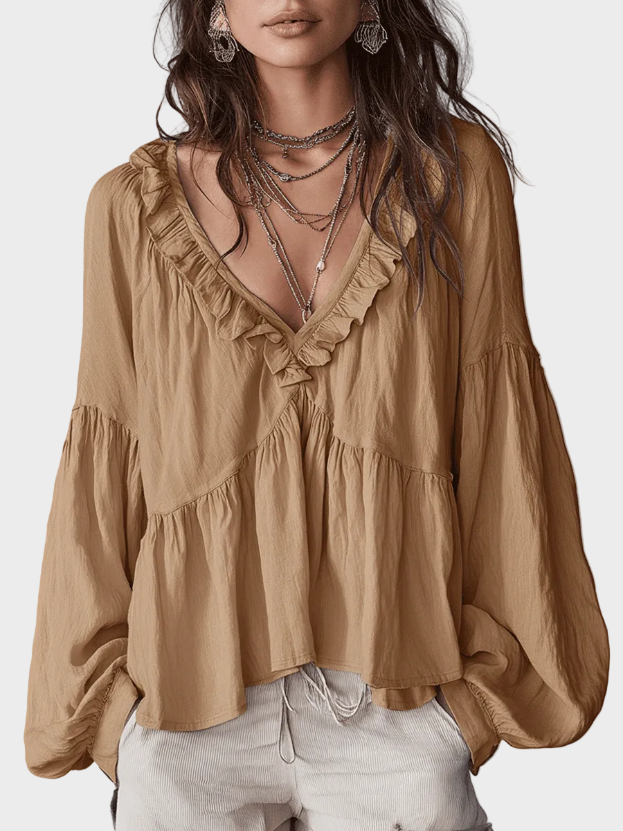 Airy Αέρινη Μποέμ Μπλούζα με Βολάν σε Vintage Στυλ