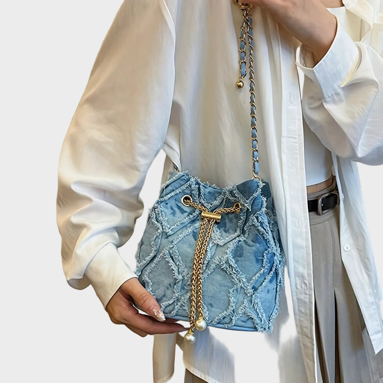 Capri Τσάντα Bucket με Πέρλες και Ξέφτια (Pearl Frayed Bucket Bag)