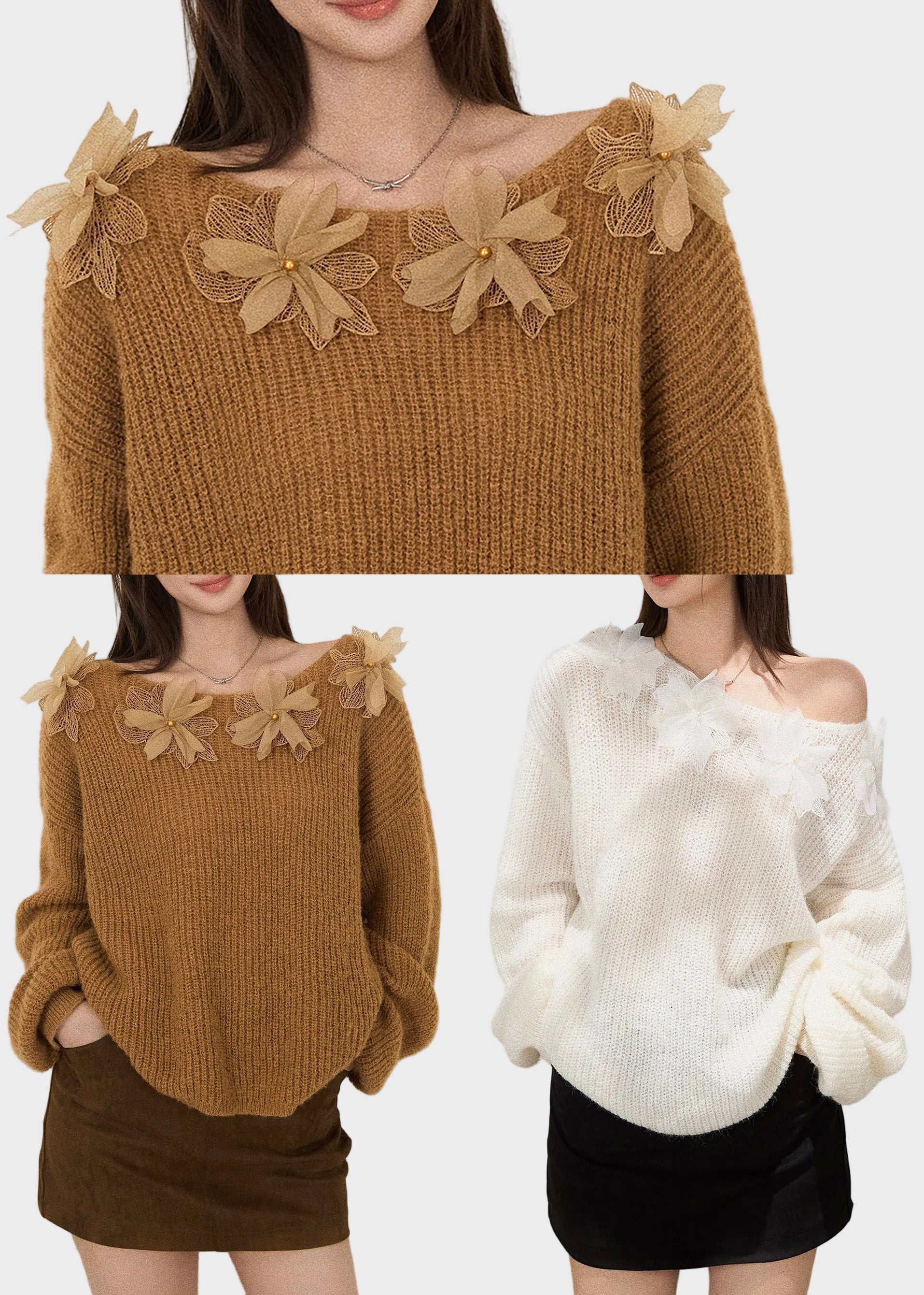 Μερσέντες | Μποέμ Λευκό Oversized Floral Διακοσμημένο Πλεκτό Τοπ Φθινόπωρο