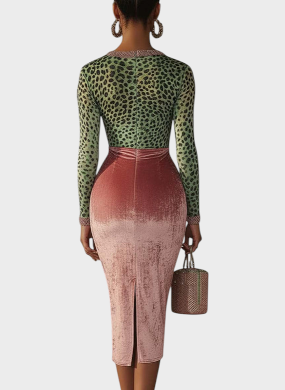 Regitze | Ροζ Βελούδινο Bodycon Φόρεμα Με Patchwork Ιμάντες Και Λεοπάρ Πατρόν