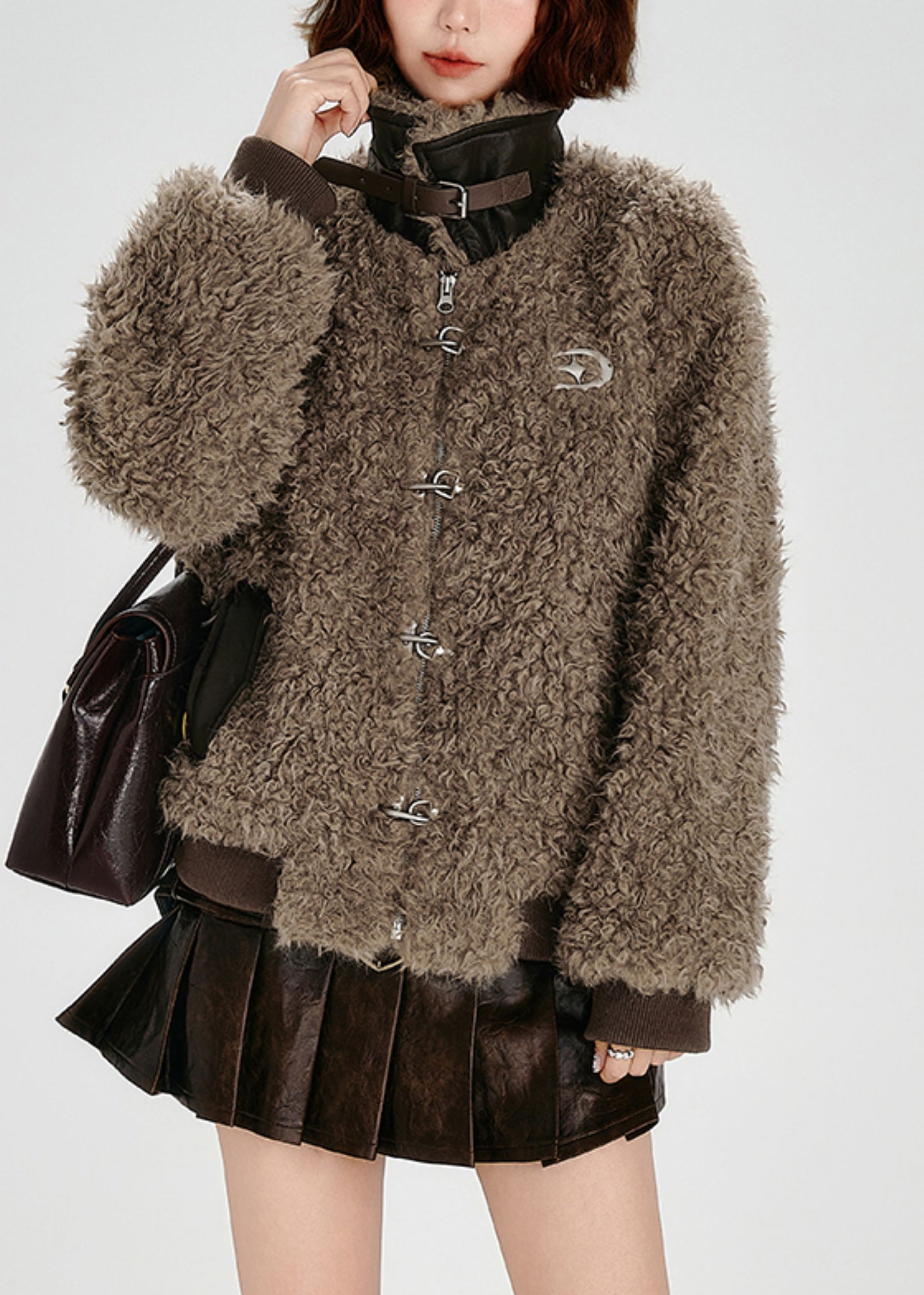 Leyla | Ιταλικό Καφέ Oversized Παλτό Patchwork από Τεχνητό Δέρμα και Teddу - Χειμερινό