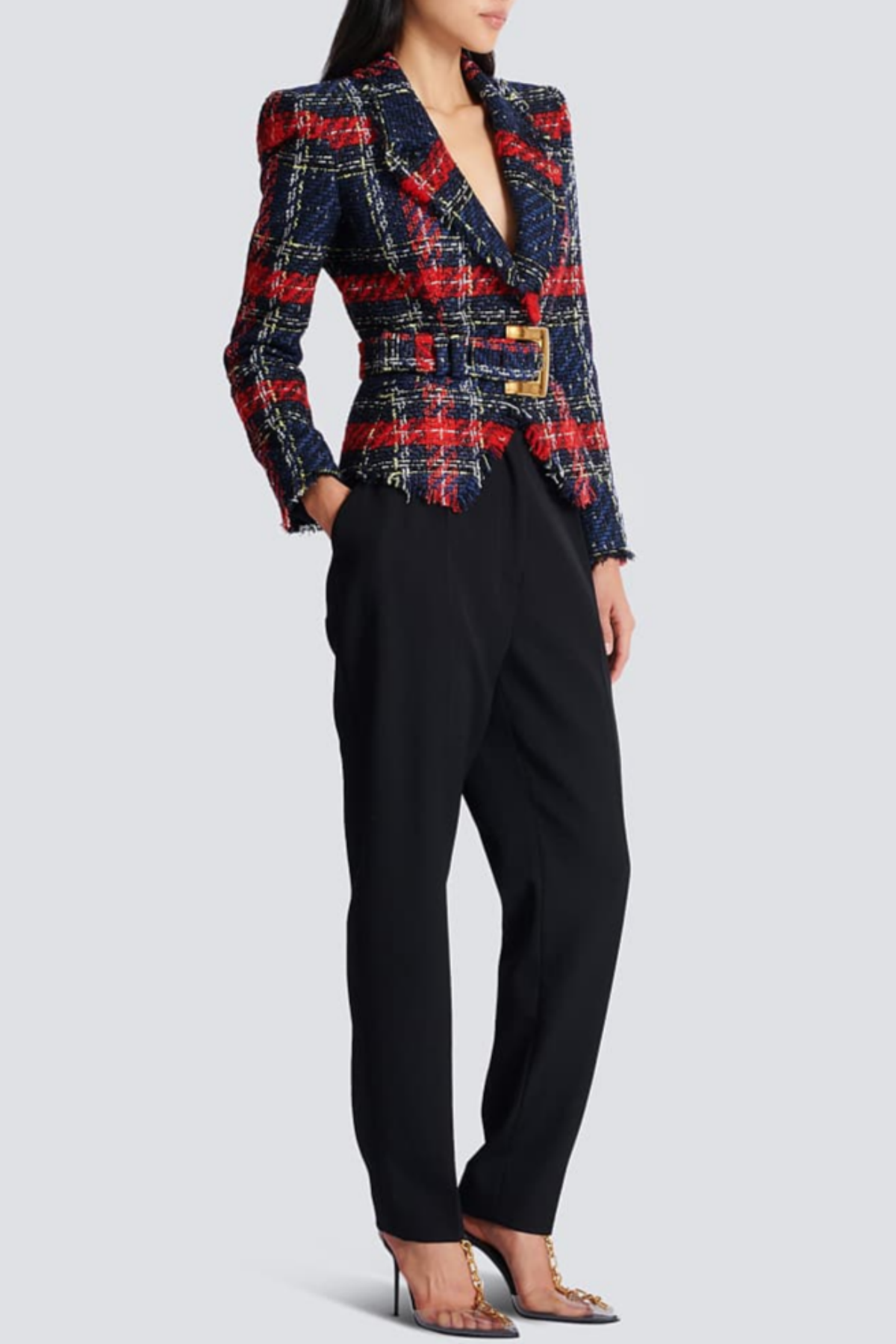Marcea - Ζακέτα Tweed με Καρό Σχέδιο και Ζώνη (Belted Plaid Tweed Jacket)