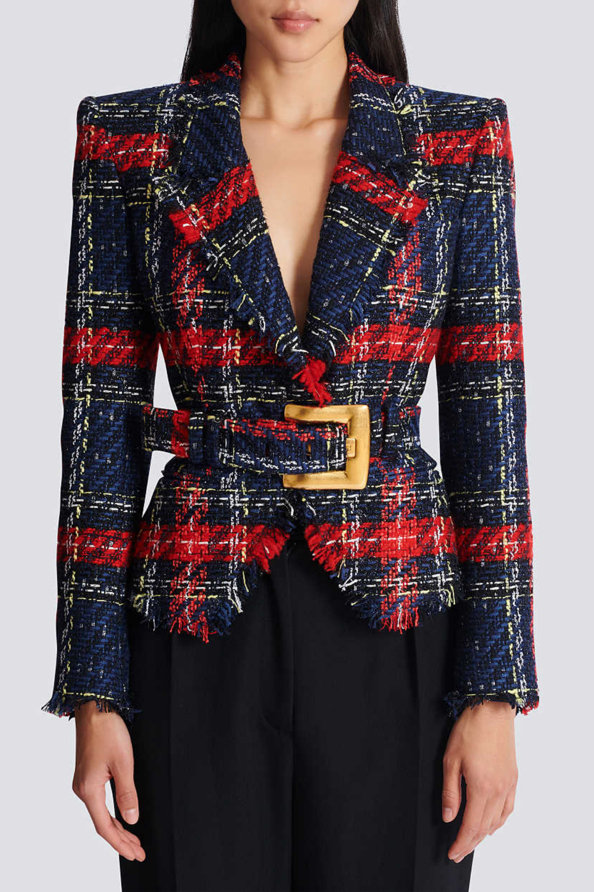 Marcea - Ζακέτα Tweed με Καρό Σχέδιο και Ζώνη (Belted Plaid Tweed Jacket)