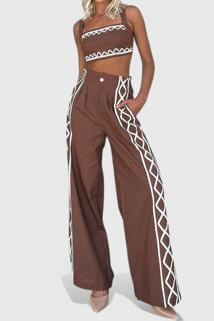 Mirella Σετ Crop Top και Φαρδύ Παντελόνι με Ζιγκ-Ζαγκ Μοτίβο