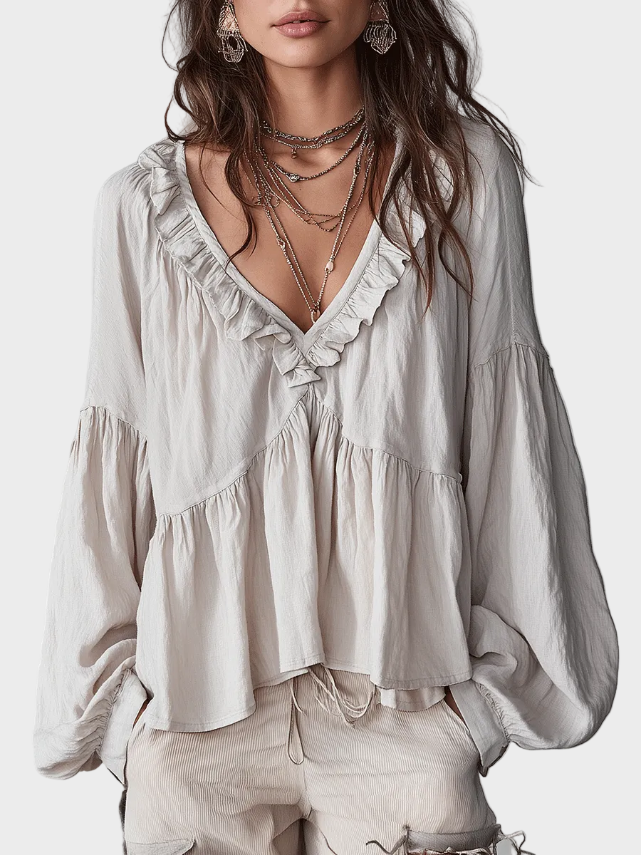 Airy Αέρινη Μποέμ Μπλούζα με Βολάν σε Vintage Στυλ