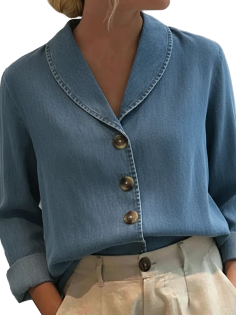 Riley - Vintage Denim Βαμβακερό Τοπ με Γιακά Σάλι και Κουμπιά (Vintage Shawl Collar Button-up Denim Cotton Top)